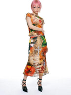 DeadEndKids Leopard Print Ruched Sleeve Slim Fit Mesh Mermaid Women's Top & Skirt Sets