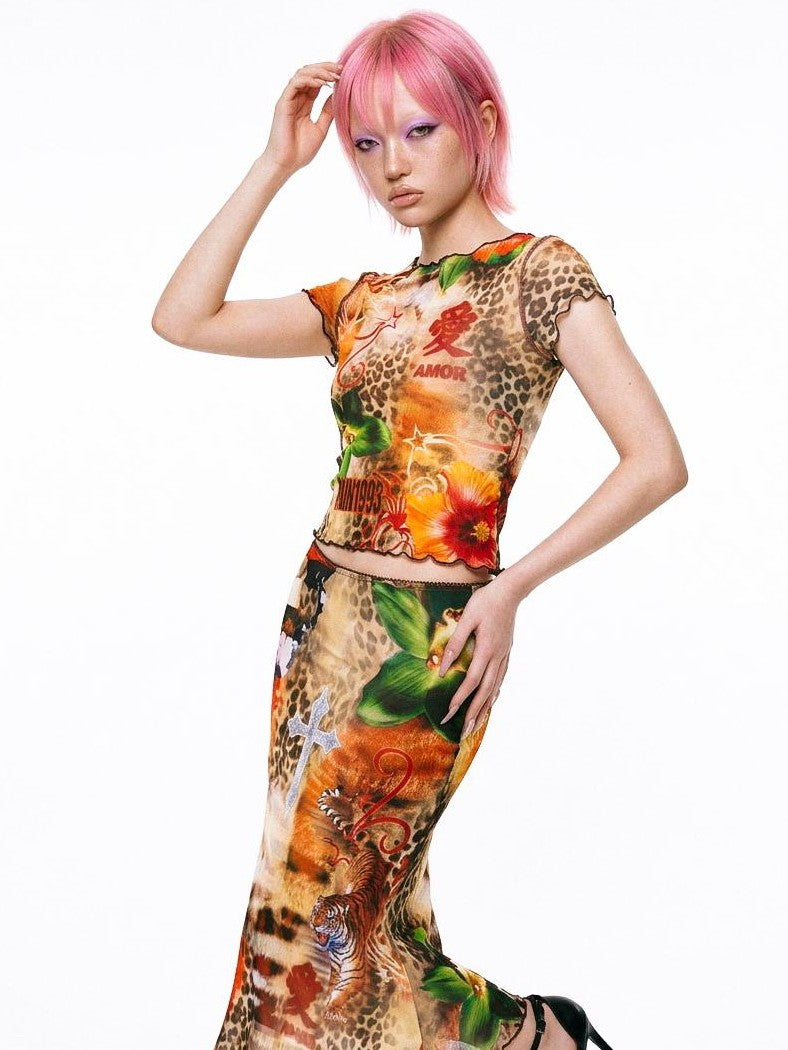 DeadEndKids Leopard Print Ruched Sleeve Slim Fit Mesh Mermaid Women's Top & Skirt Sets