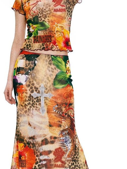 DeadEndKids Leopard Print Ruched Sleeve Slim Fit Mesh Mermaid Women's Top & Skirt Sets