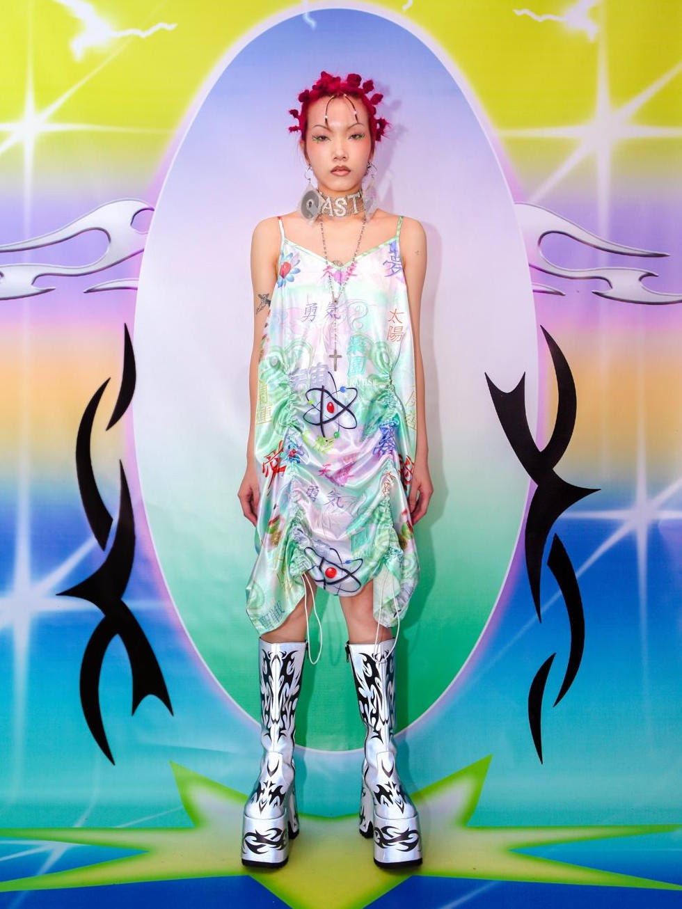 DeadEndKids Lucky Cat Dragon Print Silk Blend Women's Slip Midi Dresses