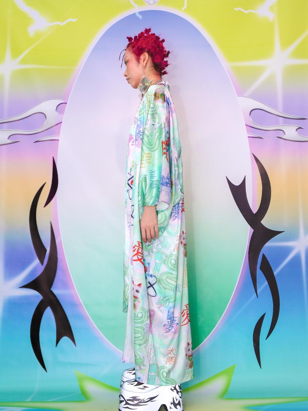 DeadEndKids Lucky Cat Dragon Print Silk Blend Women's Slip Midi Dresses
