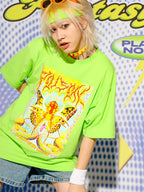 DeadEndKids Neon Green Cyber Metallic Lightning Print Women's Cotton Short Sleeve T-shirts