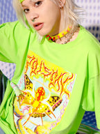 DeadEndKids Neon Green Cyber Metallic Lightning Print Women's Cotton Short Sleeve T-shirts