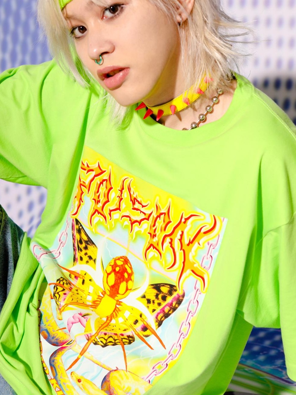 DeadEndKids Neon Green Cyber Metallic Lightning Print Women's Cotton Short Sleeve T-shirts
