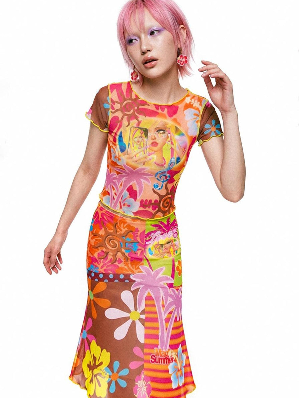 DeadEndKids Printed Mesh Ruffled Sleeve Bodycon Mermaid Women's Maxi Skirts