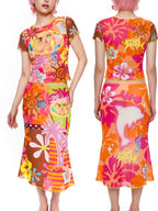 DeadEndKids Printed Mesh Ruffled Sleeve Bodycon Mermaid Women's Maxi Skirts