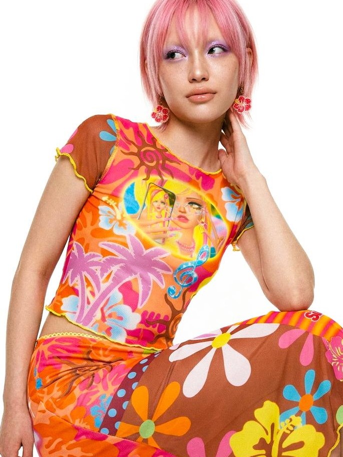 DeadEndKids Printed Mesh Ruffled Sleeve Bodycon Mermaid Women's Maxi Skirts