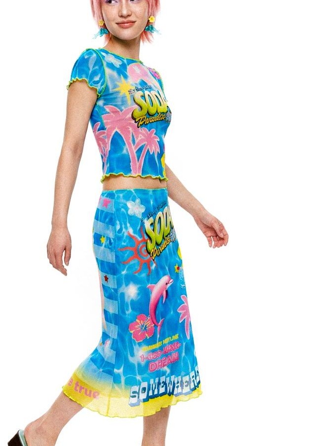 DeadEndKids Printed Mesh Ruffled Sleeve Fishtail Slim Fit Women's Maxi Skirts