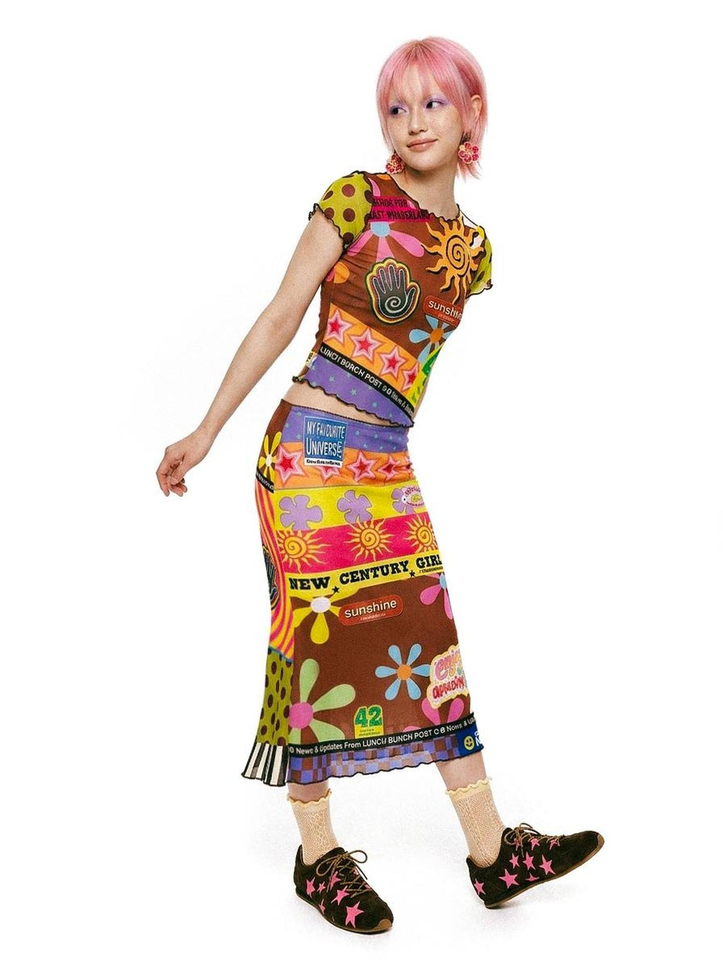 DeadEndKids Printed Ruched Sleeve Mesh Slim Fit Women's Fishtail Top & Skirt Sets