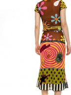 DeadEndKids Printed Ruched Sleeve Mesh Slim Fit Women's Fishtail Top & Skirt Sets