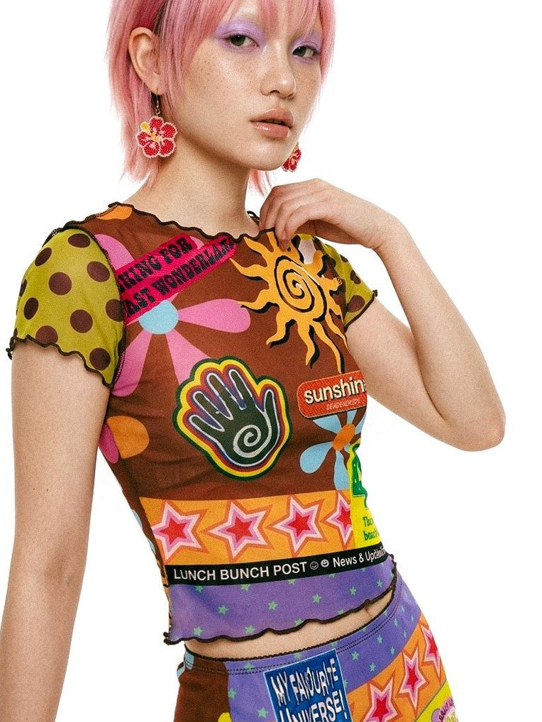 DeadEndKids Printed Ruched Sleeve Mesh Slim Fit Women's Fishtail Top & Skirt Sets