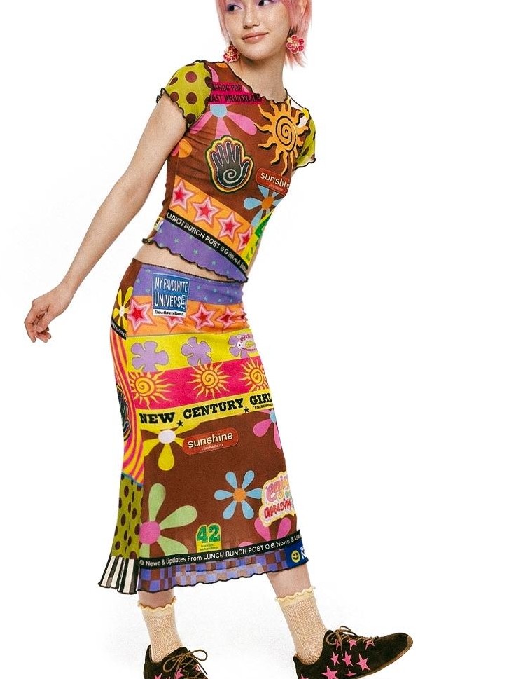 DeadEndKids Printed Ruched Sleeve Mesh Slim Fit Women's Fishtail Top & Skirt Sets