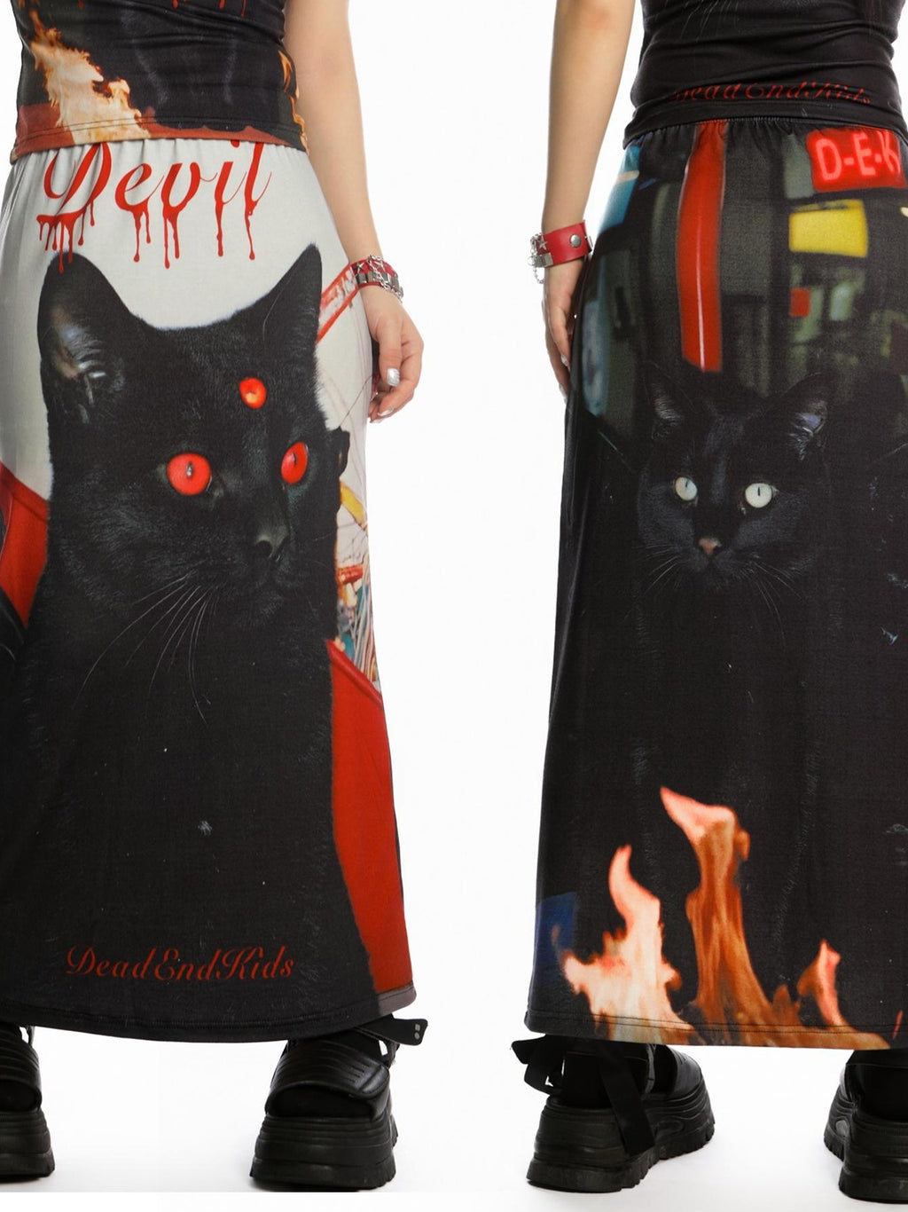 DeadEndKids Reversible Print Y2k A Line Stretch Women's Polyester Maxi Skirts