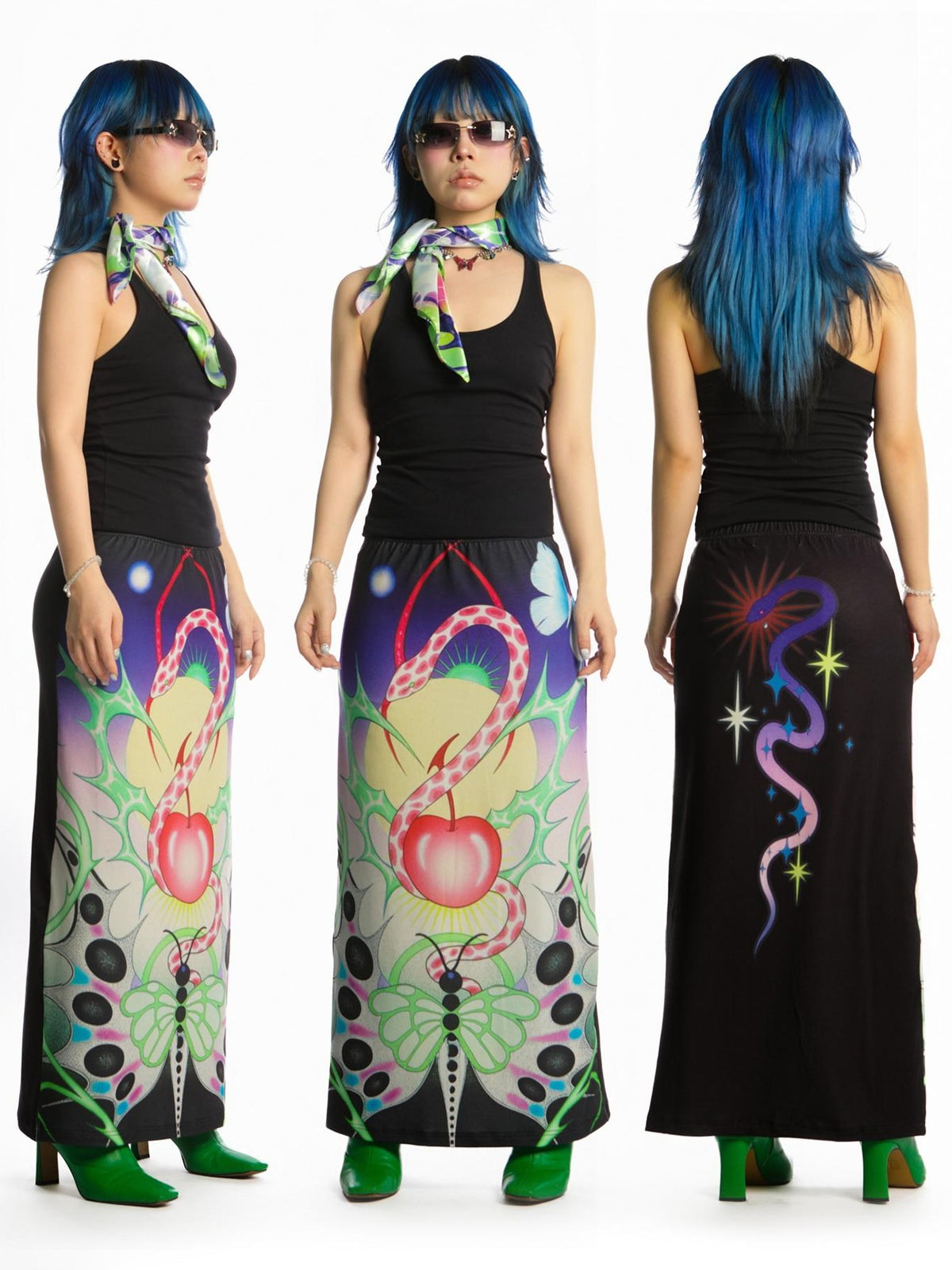 DeadEndKids Reversible Print Y2k A Line Stretch Women's Polyester Maxi Skirts