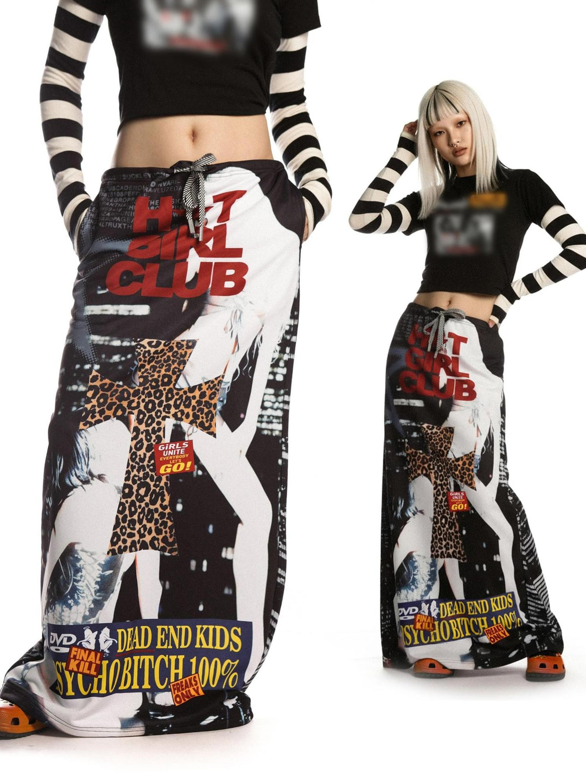 DeadEndKids Vintage Print Pocket Drawstring Loose Fit Women's Polyester Cotton Maxi Skirts