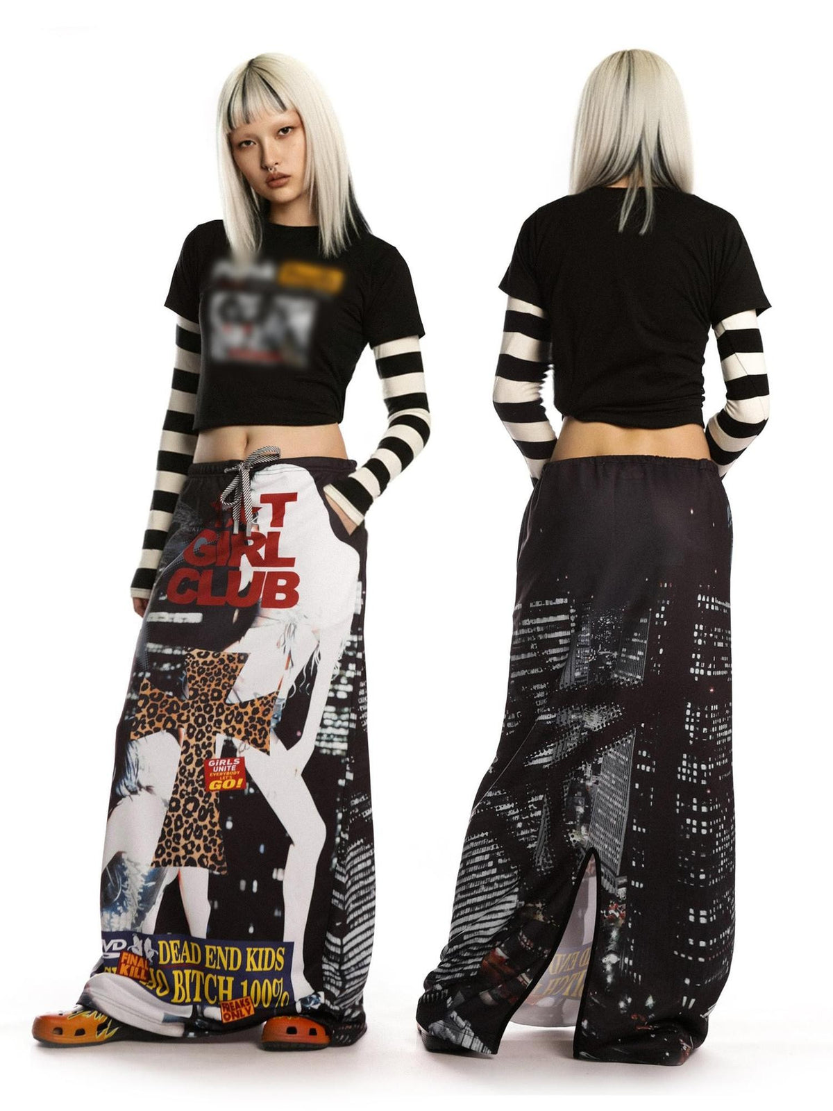 DeadEndKids Vintage Print Pocket Drawstring Loose Fit Women's Polyester Cotton Maxi Skirts