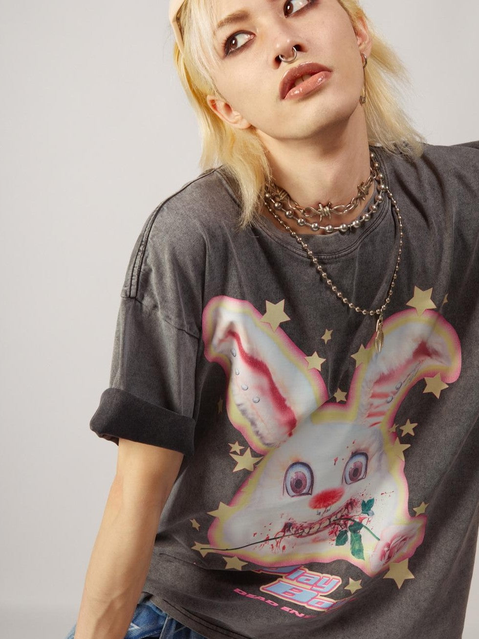 DeadEndKids Vintage Washed Rabbit Graphic Streetwear Women's Cotton Short Sleeve T-shirts