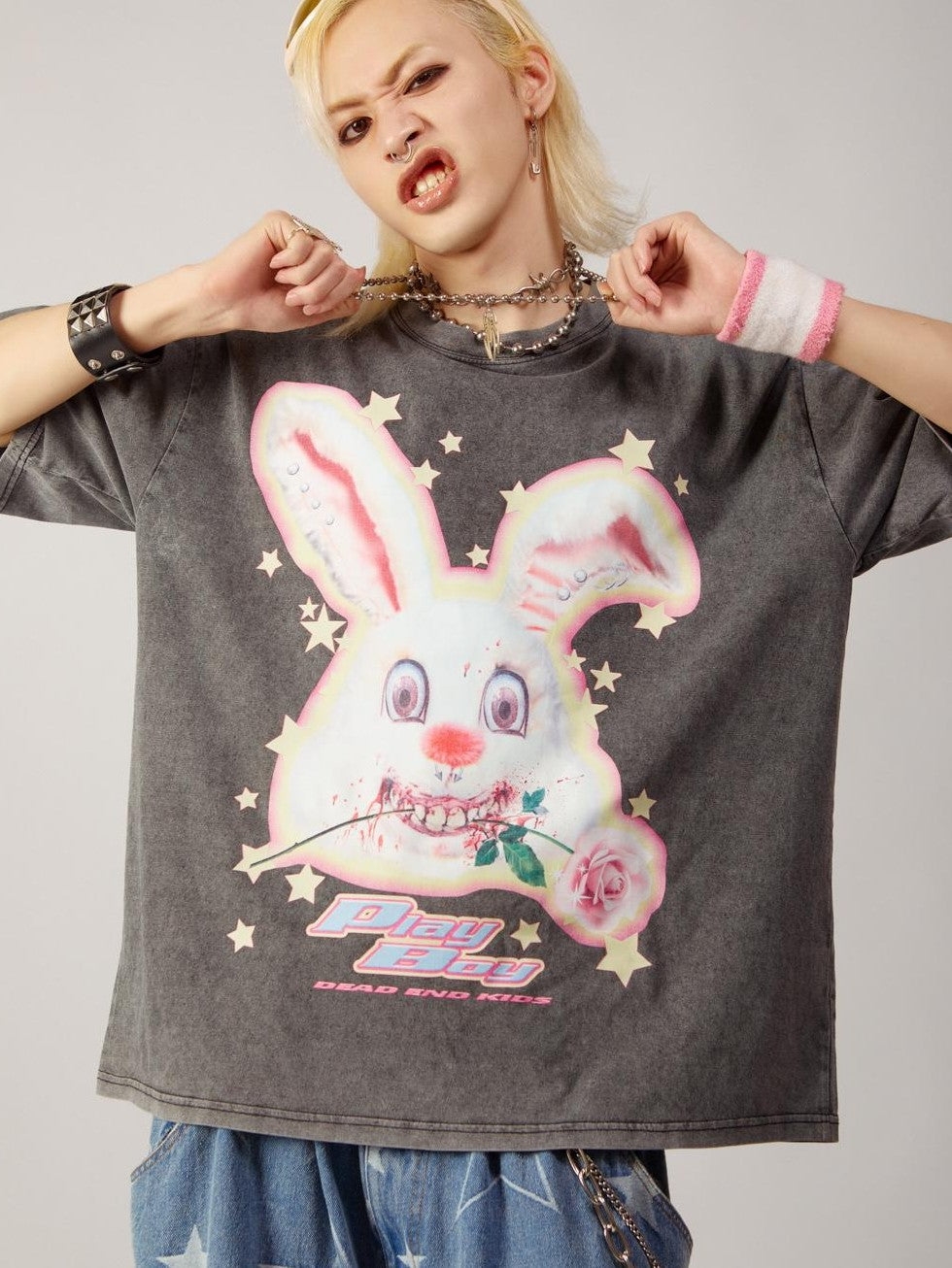 DeadEndKids Vintage Washed Rabbit Graphic Streetwear Women's Cotton Short Sleeve T-shirts