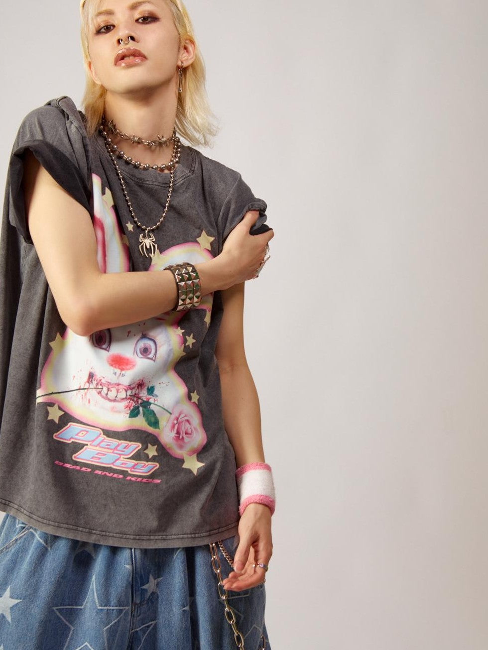 DeadEndKids Vintage Washed Rabbit Graphic Streetwear Women's Cotton Short Sleeve T-shirts