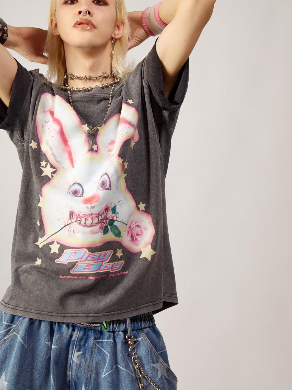 DeadEndKids Vintage Washed Rabbit Graphic Streetwear Women's Cotton Short Sleeve T-shirts