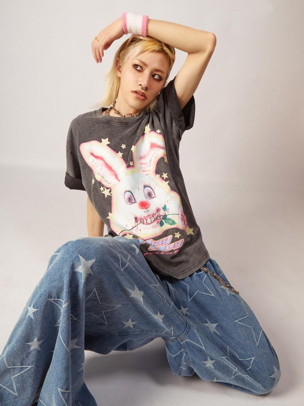 DeadEndKids Vintage Washed Rabbit Graphic Streetwear Women's Cotton Short Sleeve T-shirts