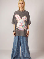 DeadEndKids Vintage Washed Rabbit Graphic Streetwear Women's Cotton Short Sleeve T-shirts