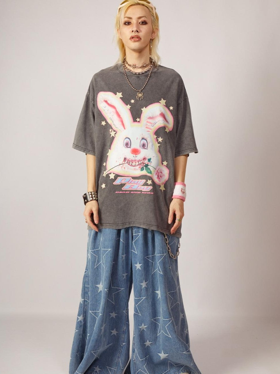 DeadEndKids Vintage Washed Rabbit Graphic Streetwear Women's Cotton Short Sleeve T-shirts