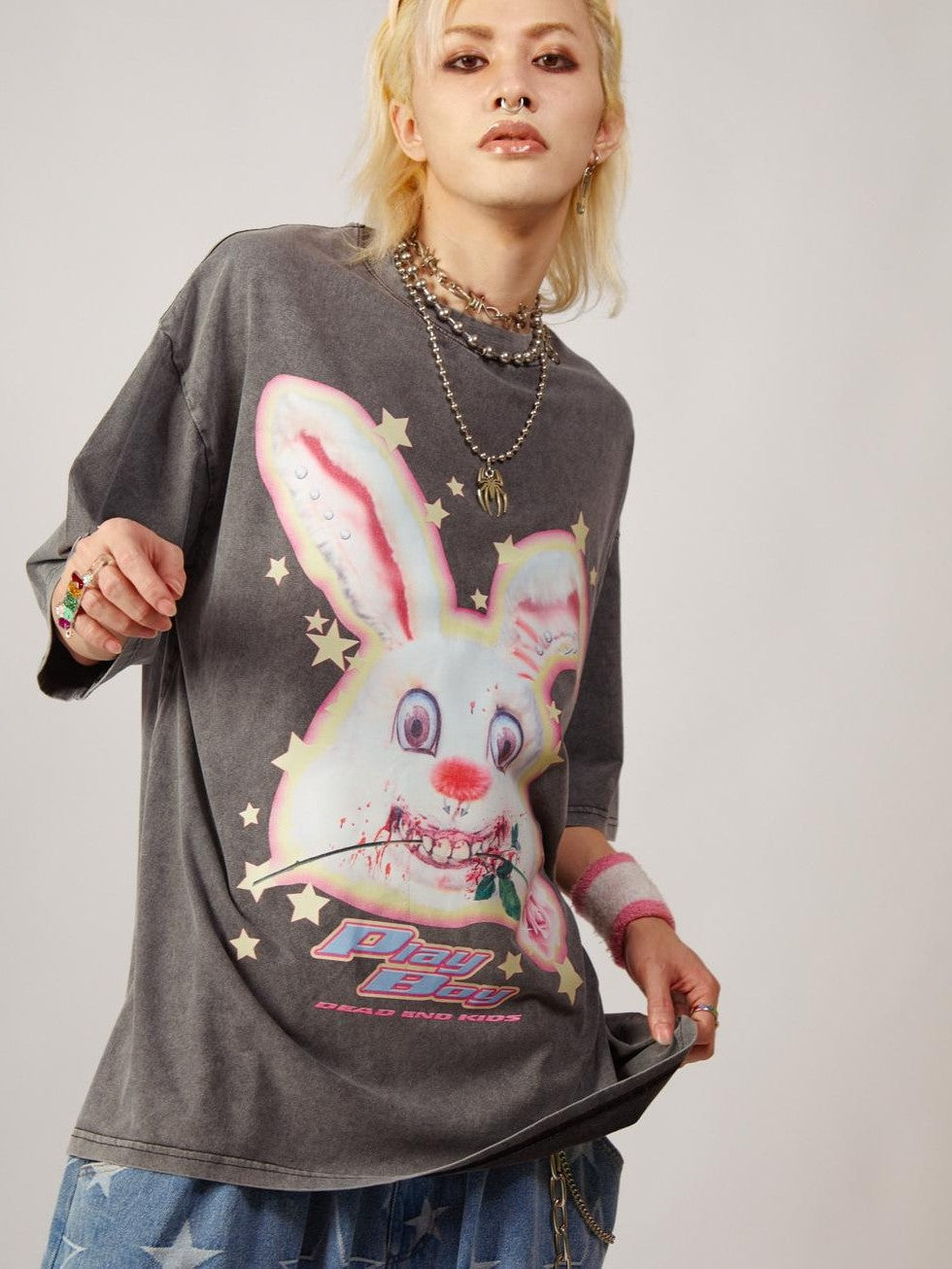 DeadEndKids Vintage Washed Rabbit Graphic Streetwear Women's Cotton Short Sleeve T-shirts