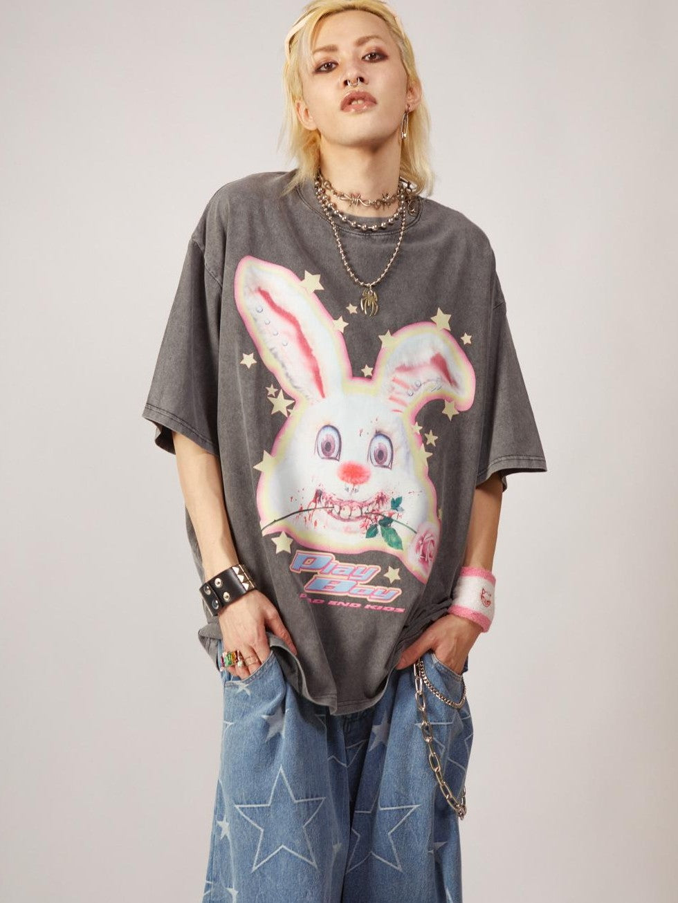 DeadEndKids Vintage Washed Rabbit Graphic Streetwear Women's Cotton Short Sleeve T-shirts