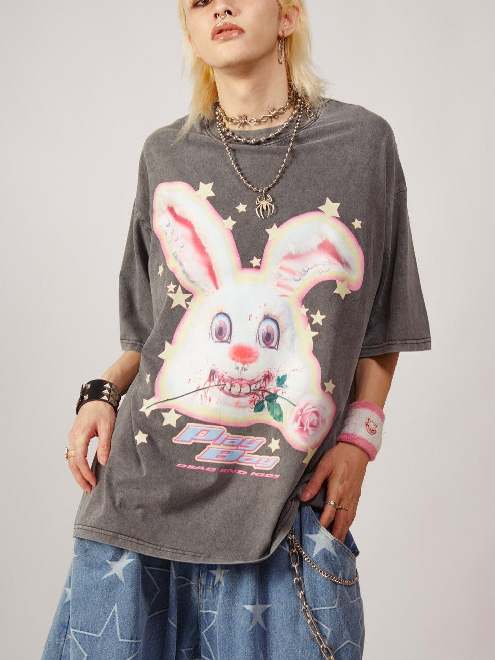 DeadEndKids Vintage Washed Rabbit Graphic Streetwear Women's Cotton Short Sleeve T-shirts