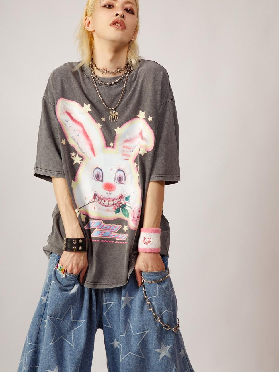 DeadEndKids Vintage Washed Rabbit Graphic Streetwear Women's Cotton Short Sleeve T-shirts