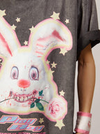 DeadEndKids Vintage Washed Rabbit Graphic Streetwear Women's Cotton Short Sleeve T-shirts