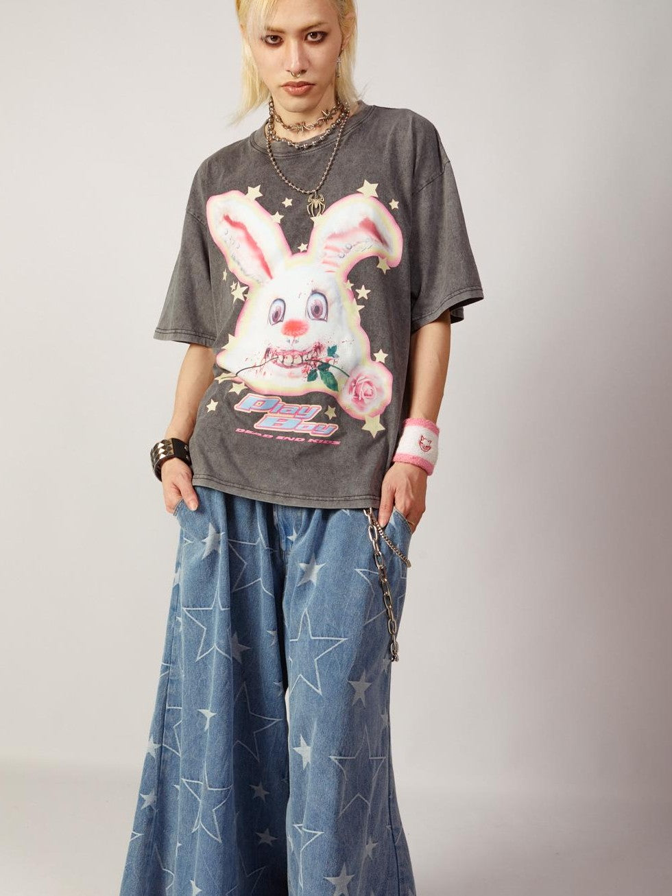 DeadEndKids Vintage Washed Rabbit Graphic Streetwear Women's Cotton Short Sleeve T-shirts