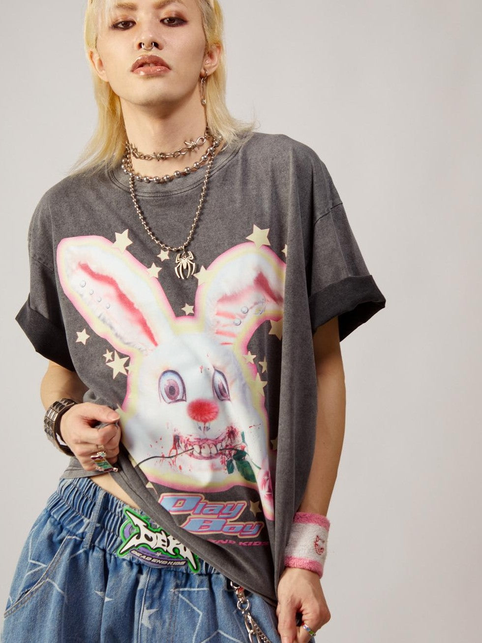 DeadEndKids Vintage Washed Rabbit Graphic Streetwear Women's Cotton Short Sleeve T-shirts