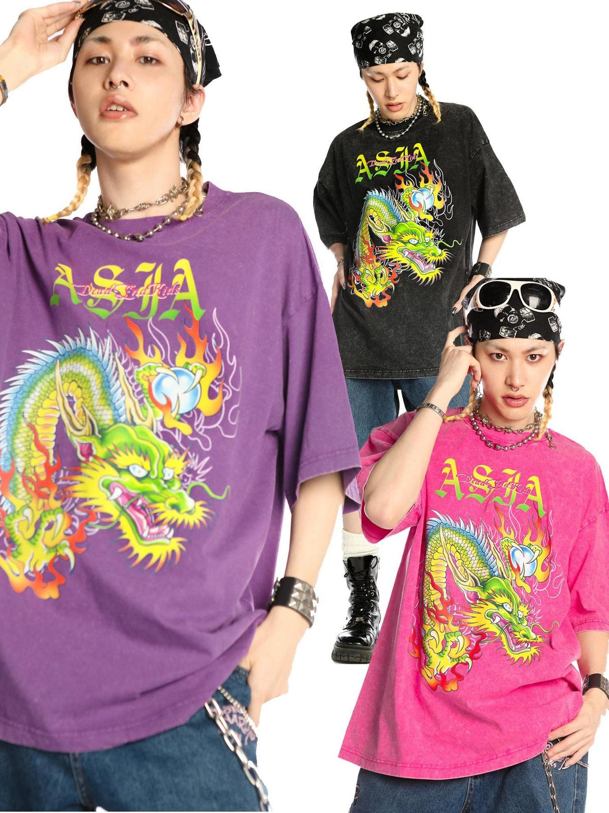 DeadEndKids Washed Dragon Graphic Women's Cotton Short Sleeve T-shirts