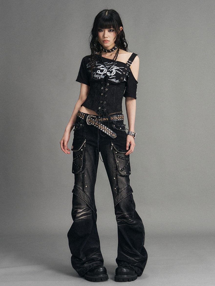 Frustration Garden Asymmetric Punk Print Lace Up Slim Fit Women's Short Sleeve T-shirts
