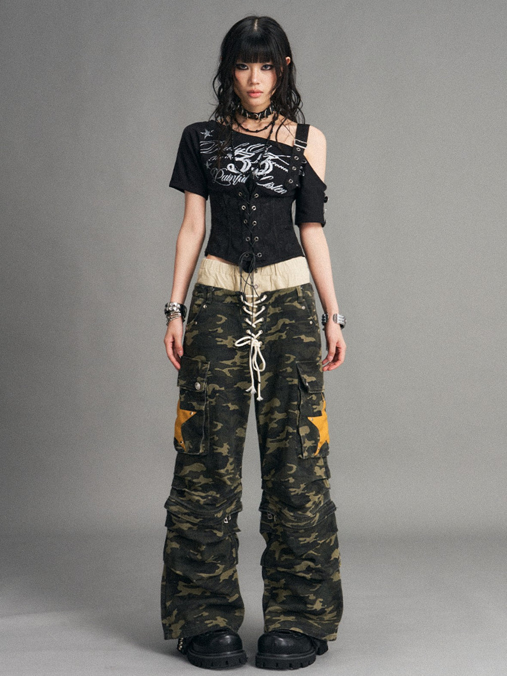 Frustration Garden Asymmetric Punk Print Lace Up Slim Fit Women's Short Sleeve T-shirts