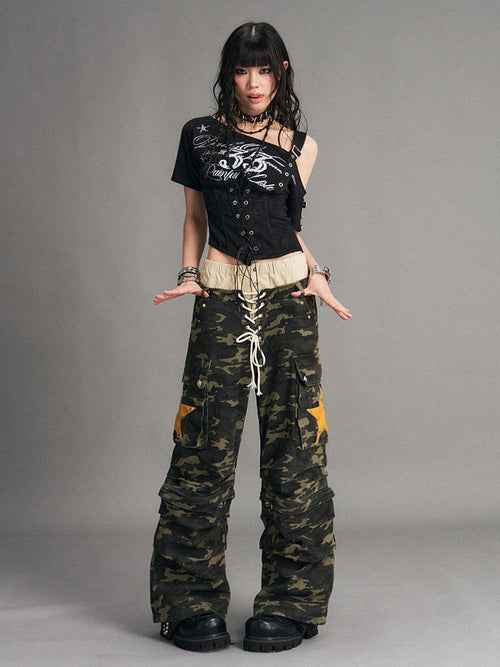 Frustration Garden Camouflage Detachable Star Pocket Double Waist Punk Women's Wide-leg Pants