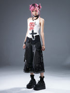Frustration Garden Cross Distressed Washed Women's Denim Wide-leg Jeans