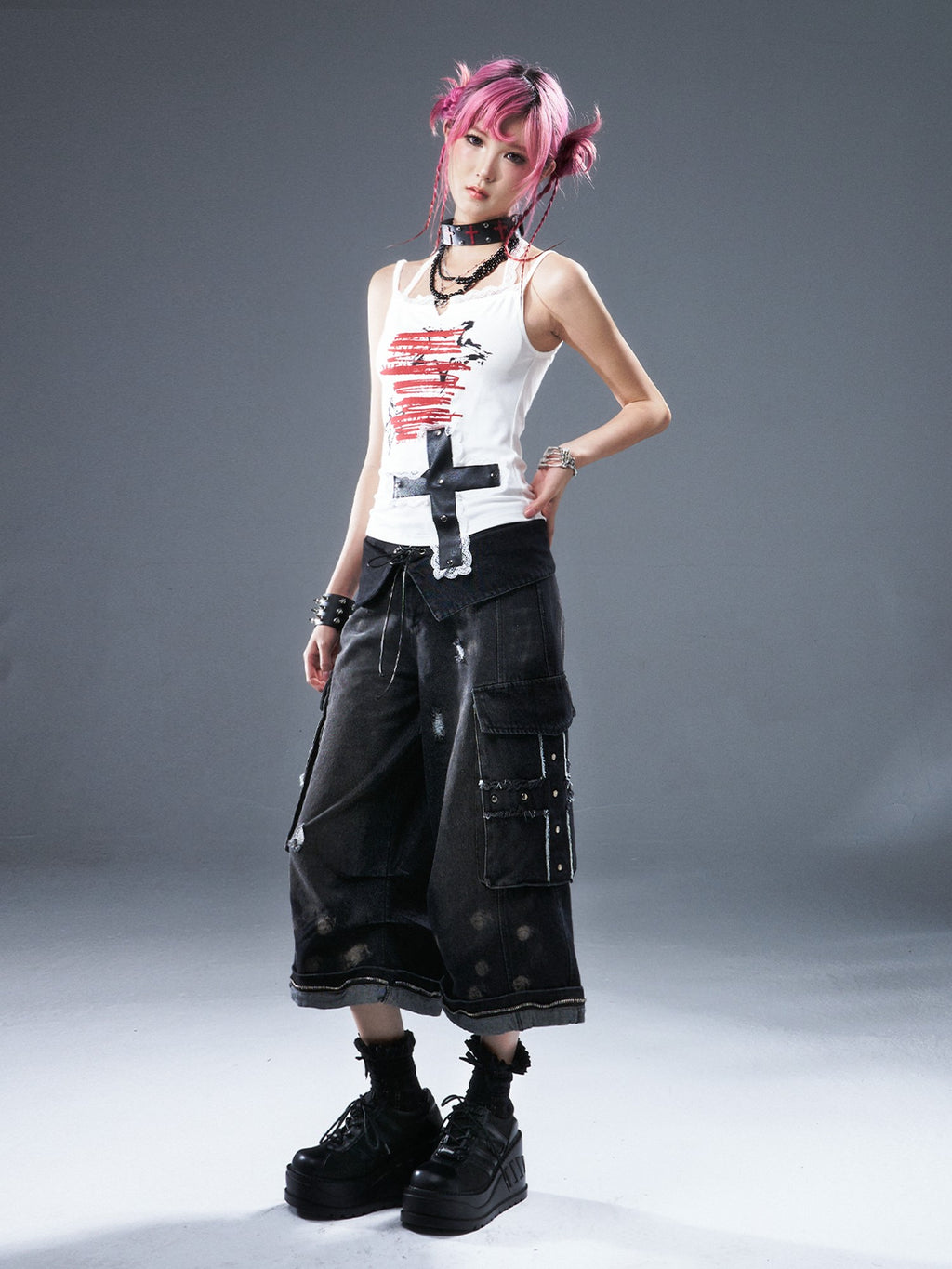 Frustration Garden Cross Distressed Washed Women's Denim Wide-leg Jeans