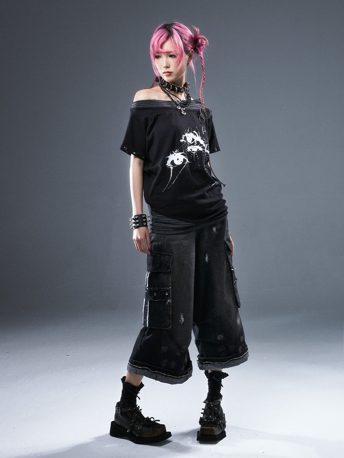 Frustration Garden Cross Distressed Washed Women's Denim Wide-leg Jeans