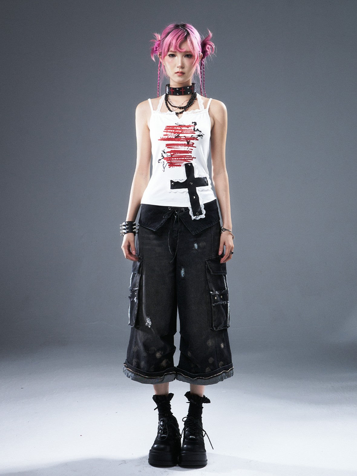 Frustration Garden Cross Distressed Washed Women's Denim Wide-leg Jeans