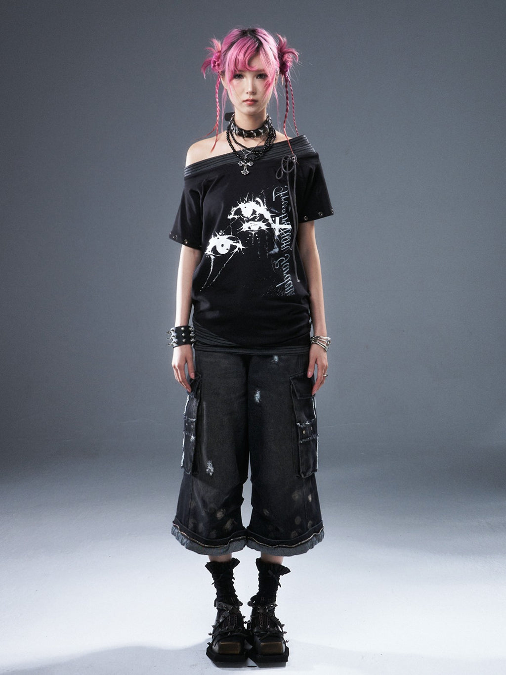 Frustration Garden Cross Distressed Washed Women's Denim Wide-leg Jeans