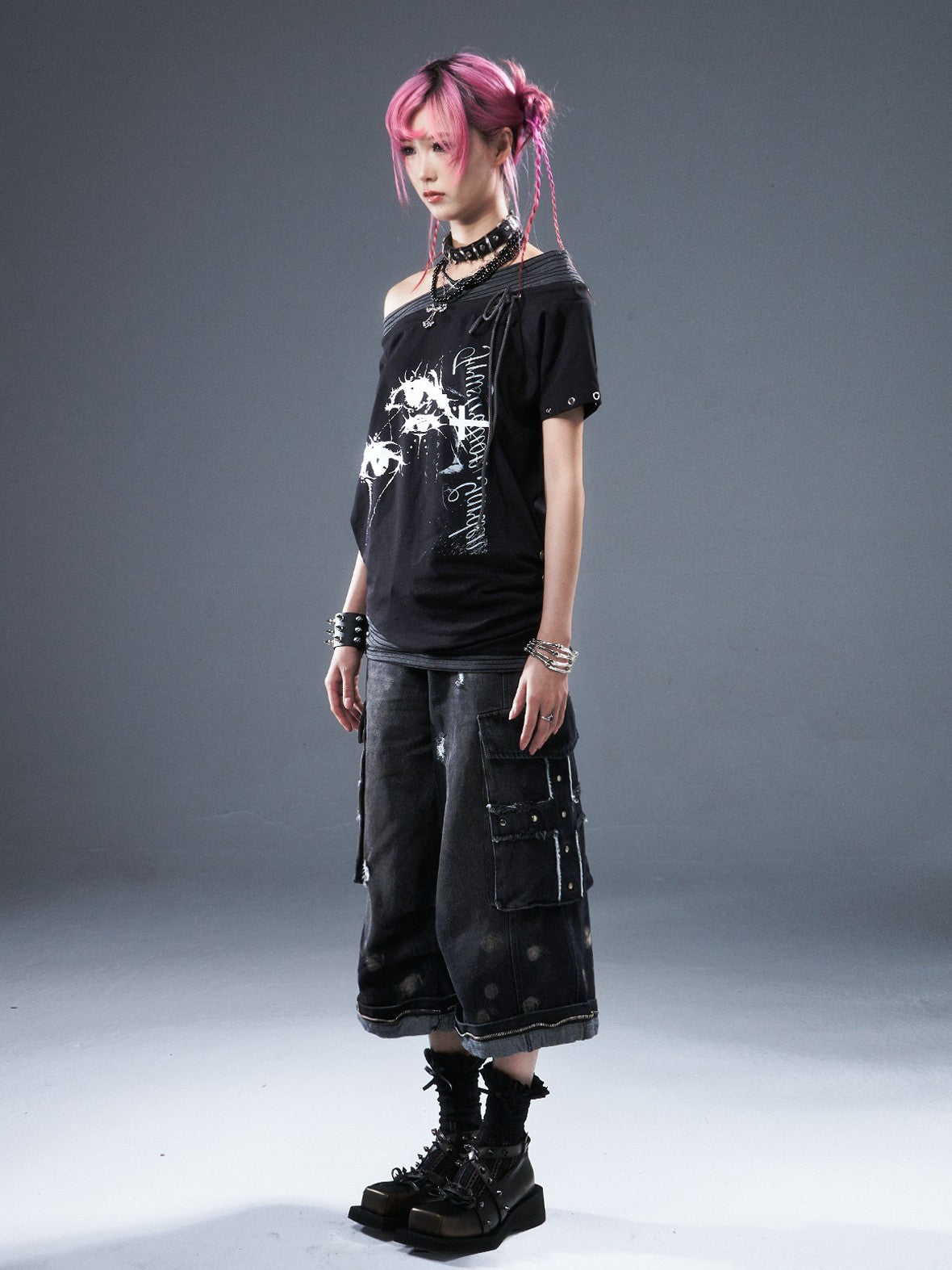 Frustration Garden Cross Distressed Washed Women's Denim Wide-leg Jeans
