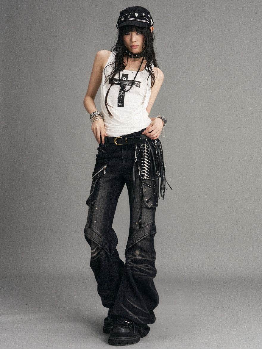Frustration Garden Cross Print Studded Draped Neck Slim Fit High Stretch Women's Tank Tops