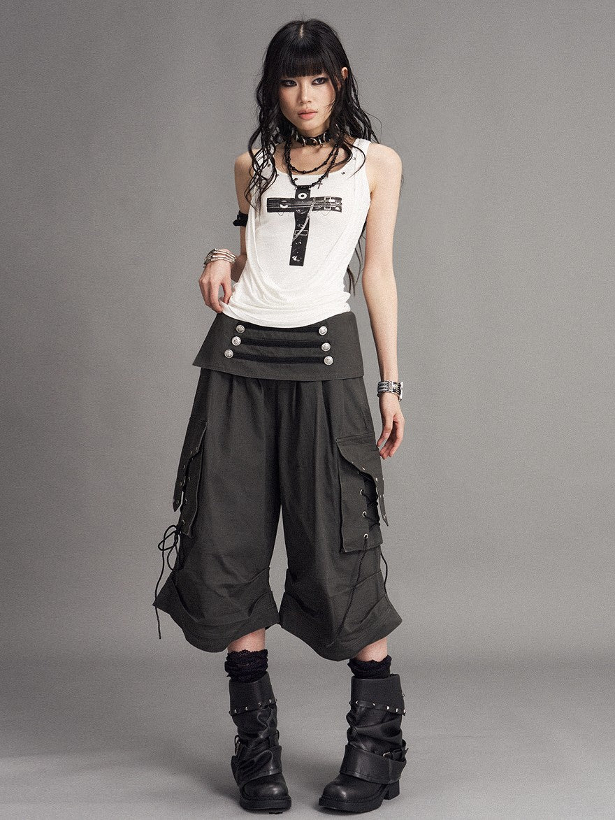 Frustration Garden Cross Print Studded Draped Neck Slim Fit High Stretch Women's Tank Tops