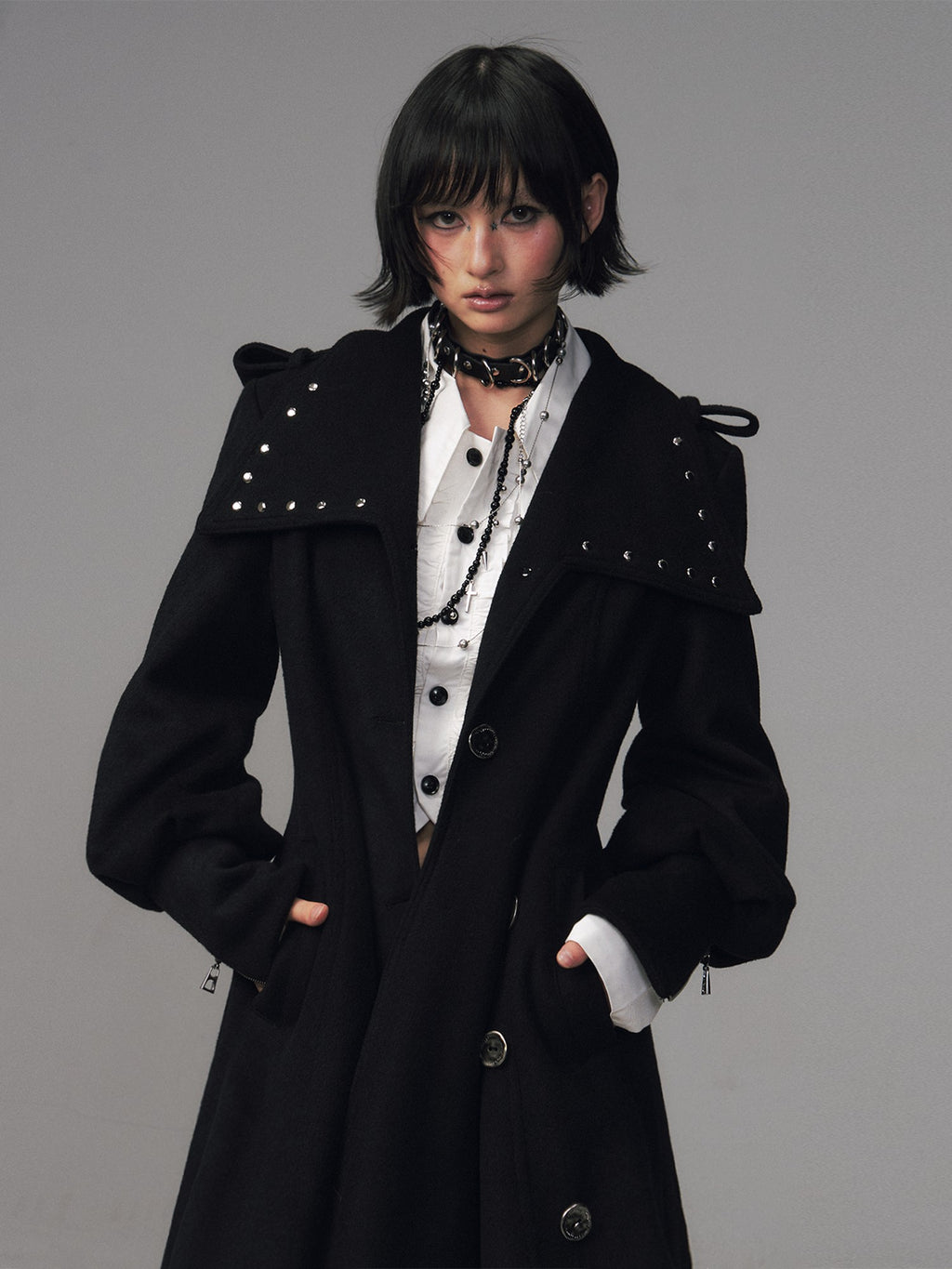 Frustration Garden Dark A Line Cinched Waist Lapel Wool Blend Women's Long Coats