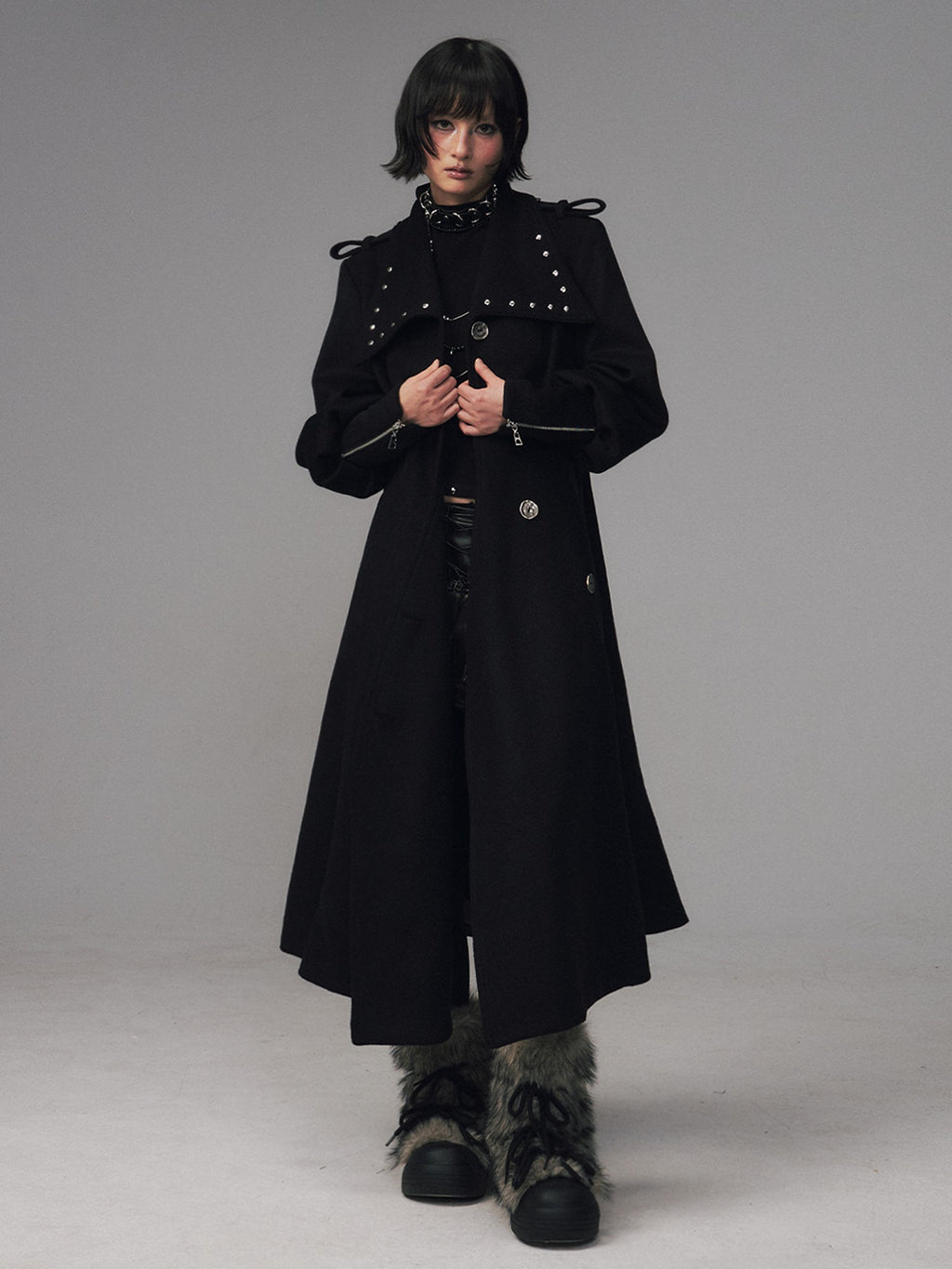 Frustration Garden Dark A Line Cinched Waist Lapel Wool Blend Women's Long Coats