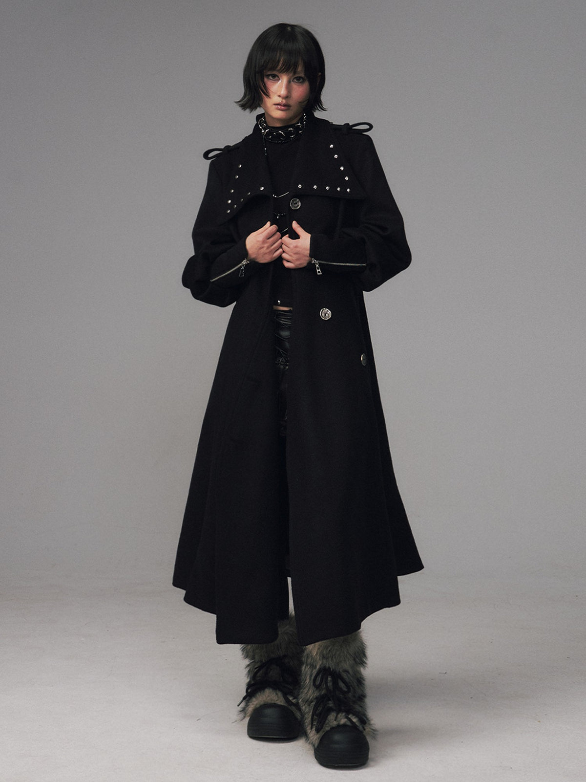 Frustration Garden Dark A Line Cinched Waist Lapel Wool Blend Women's Long Coats