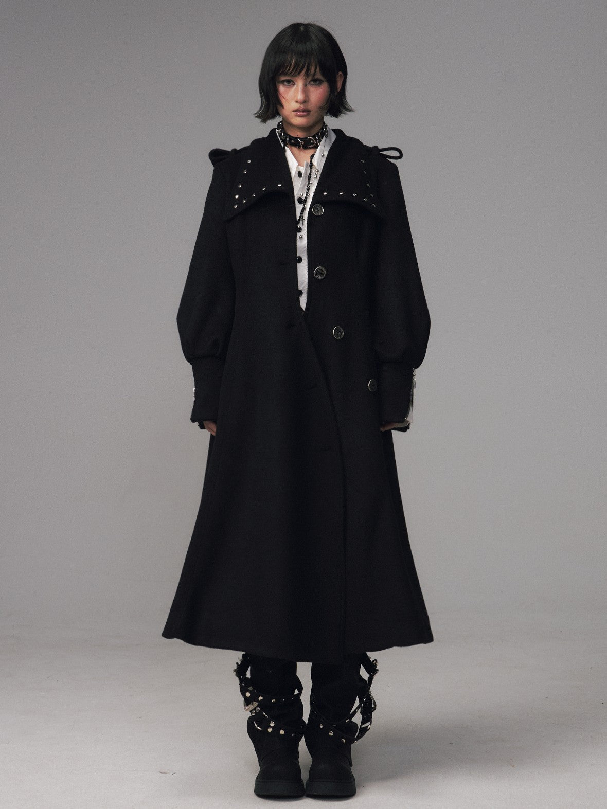 Frustration Garden Dark A Line Cinched Waist Lapel Wool Blend Women's Long Coats